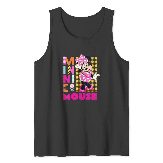 Womens Disney Minnie Mouse Smiling Polka Dot Retro Logo Stack V-Neck Tank Tops