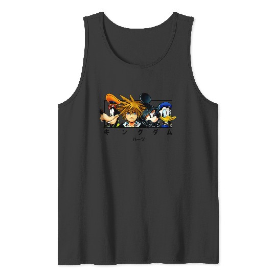 Disneyss Kingdom Hearts Main Characters Panel Chest Kanji Logo Tank Tops