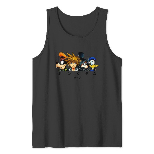 Disneyss Kingdom Hearts Main Characters Panel Chest Kanji Logo Tank Tops