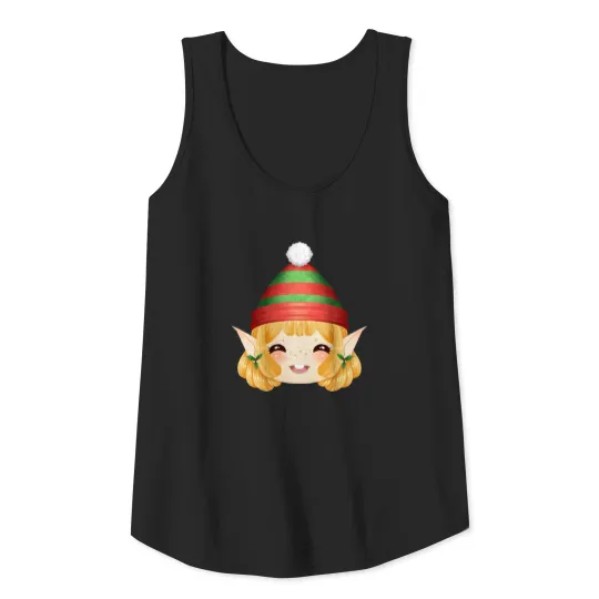Happy Christmas Elf Girl with Mistletoe and Bobcap Tank Top