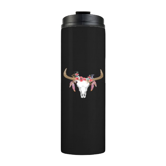 Floral Cow Skull With Feathers Bull Skull Thermal Tumblers