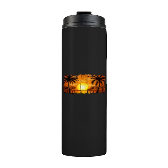 Retro Sunrise, Beach, Palm Trees, Vacation Thermal Tumblers