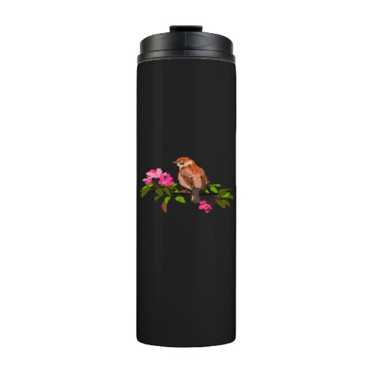 Sparrow on a branch pink flowers of an apple tree Thermal Tumblers