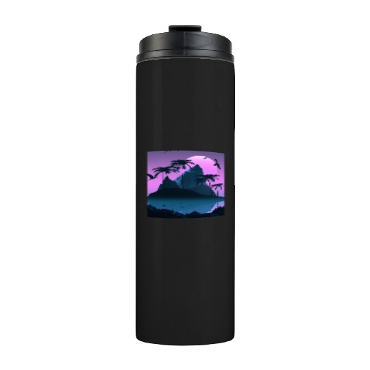 Vaporwave Aesthetic Tropic Island With Palms Thermal Tumblers