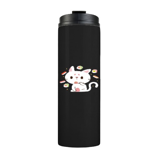 Kawaii Cat Eating Sushi Japanese Raw Food Thermal Tumblers