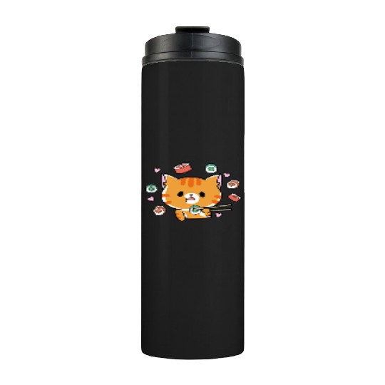 Kawaii Cat Eating Sushi Japanese Raw Food Thermal Tumblers