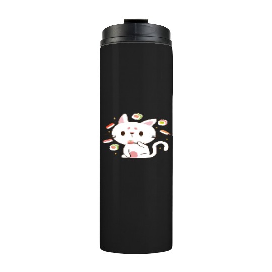 Kawaii Cat Eating Sushi Japanese Raw Food Thermal Tumblers