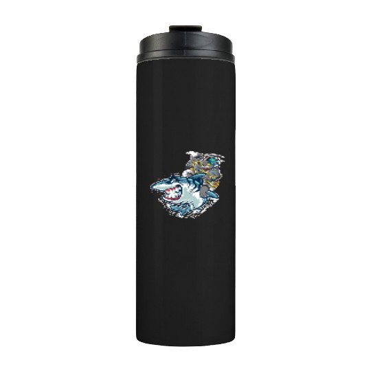 Cat Samurai Riding On Shark Thermal Tumblers