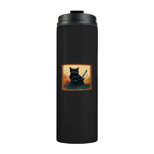 Black Cat Ninja Samurai Thermal Tumblers