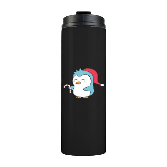 Cute Penguin with Christmas Hat and Candy Cane Thermal Tumblers