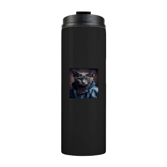 Russian Blue Cat Breed Portrait wears a leather j Thermal Tumblers