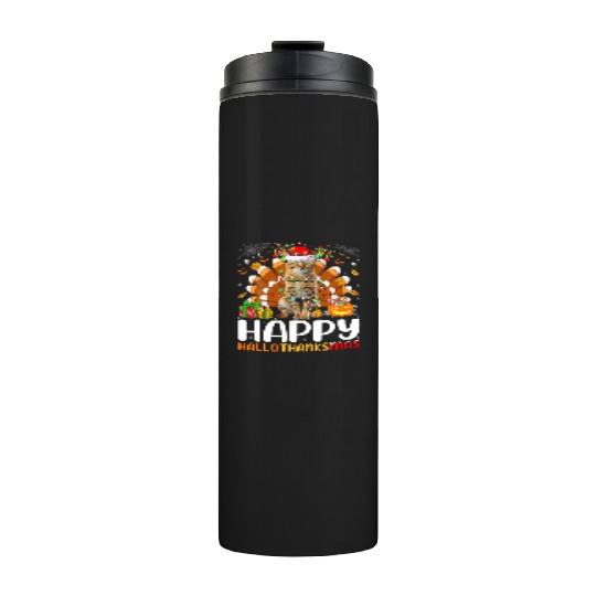 Cat Lover Halloween Christmas Happy Hallothanksmas Thermal Tumblers