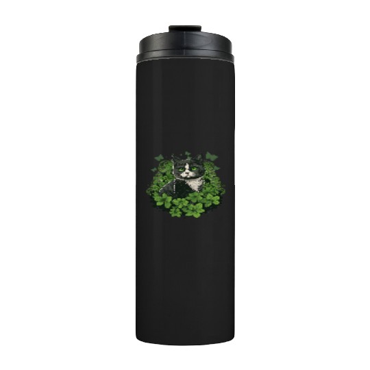 Black and white cat with ivy and butterflies Thermal Tumblers