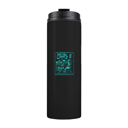 Neon Teal Video Game Controller Blueprint Thermal Tumblers