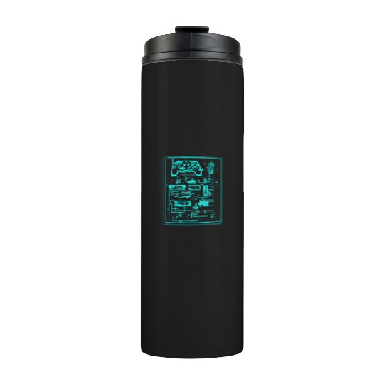 Neon Teal Video Game Controller Blueprint Thermal Tumblers