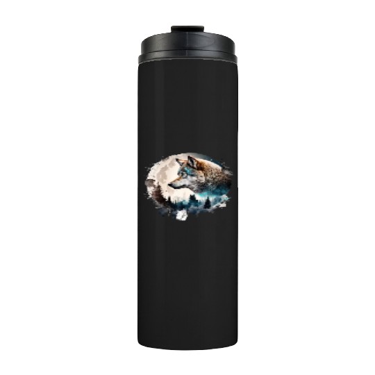 Wolf Moonlight Forest Wild Werewolf Watercolor Thermal Tumblers