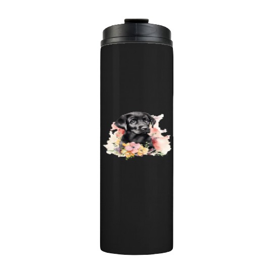 Black Lab Dog Watercolor Floral Thermal Tumblers