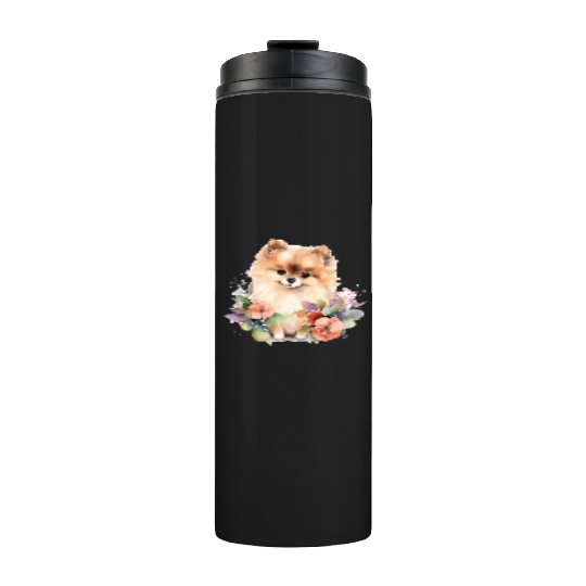 Pomeranian Dog Watercolor Floral Thermal Tumblers