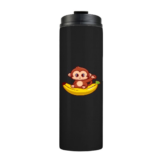 Cute Monkey Sitting On Banana Cartoon Thermal Tumblers