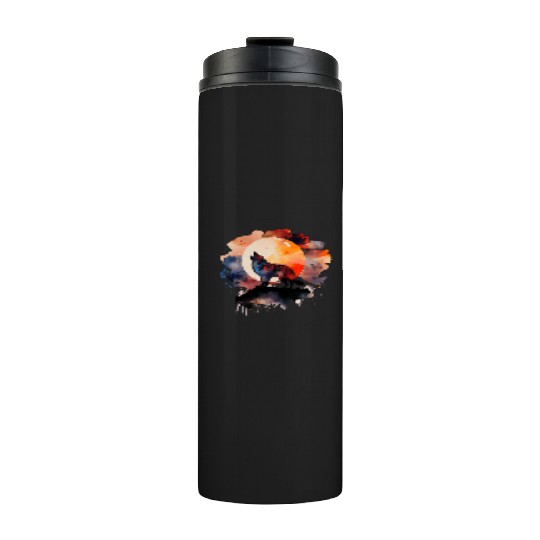 Wolf Howling at Moon Watercolor Thermal Tumblers