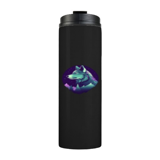 Starry Night Wolf With Northern Light Colors Thermal Tumblers