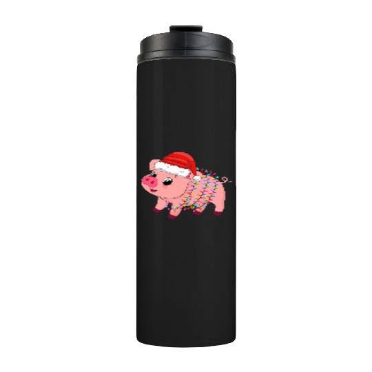 Funny Christmas Lights Wearing Xmas Hat Pig Lover Thermal Tumblers