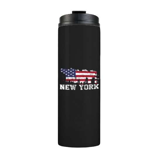 New York City Nyc Skyline Usa Flag America Thermal Tumblers