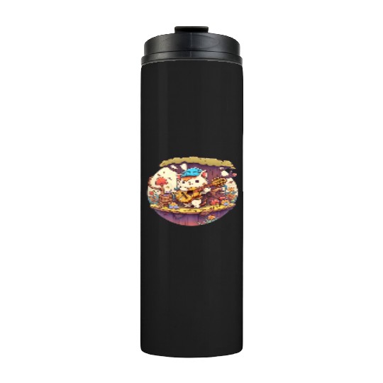 Cute Kawaii Cat Playing Guitar Banjo On Log Thermal Tumblers
