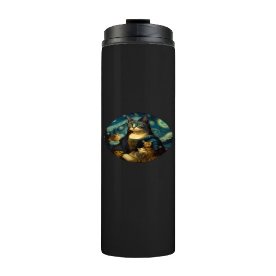 Mona Lisa With Cats Starry Night Van Gogh Painting Thermal Tumblers