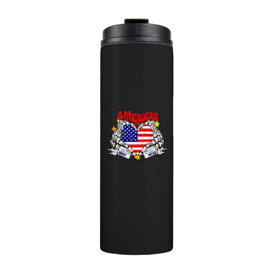 America Sweet Heart Skeleton Hands Heart Flag 4th Thermal Tumblers
