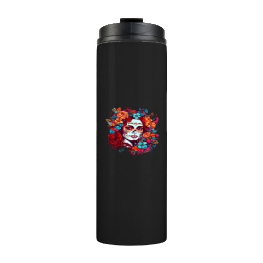 Dia de los muertos woman sugar skull with flowers Thermal Tumblers