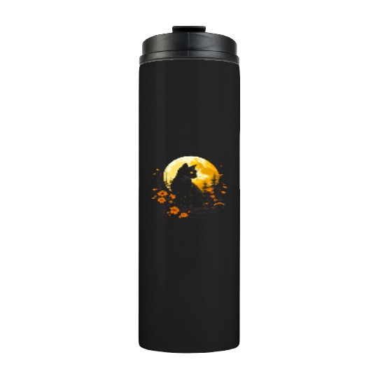 Black cat under the moon and Wild flowers Thermal Tumblers