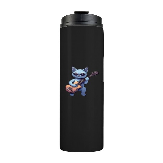 Rock Cat Playing Guitar - Funny Guitar Cat Thermal Tumblers