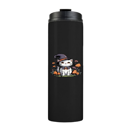 Whimsical Witch Cat with Mushrooms Thermal Tumblers