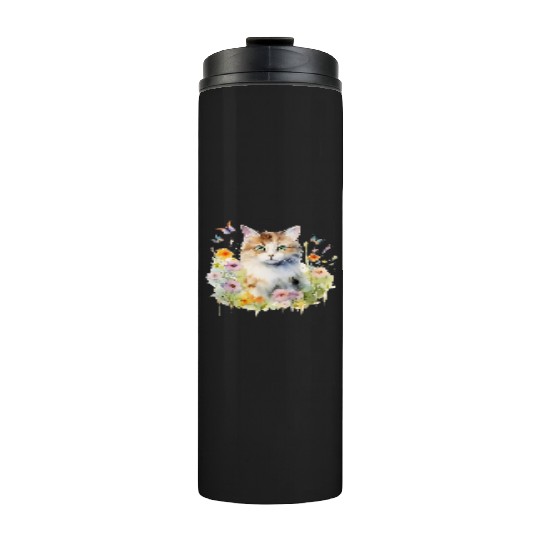 CAT Watercolor Flowers Butterflies Thermal Tumblers