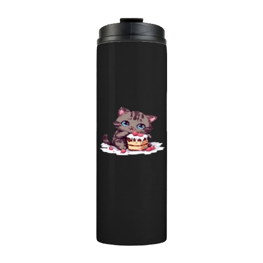 Cherry Cake Delight: Sweet Comic Cat Indulges Thermal Tumblers