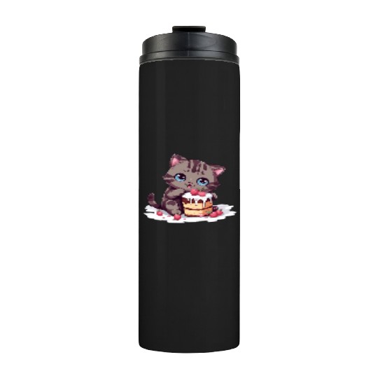 Cherry Cake Delight: Sweet Comic Cat Indulges Thermal Tumblers