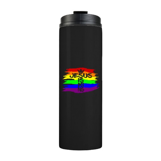 Queer Jesus is King Cross Crown Rainbow Colors Thermal Tumblers