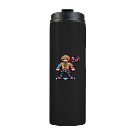 Cyberpunk Gingerbread Man Neon 'Bite Me' Christmas Thermal Tumblers