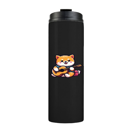 Cute Shiba Inu Playing Guitar Geek Cartoon Thermal Tumblers
