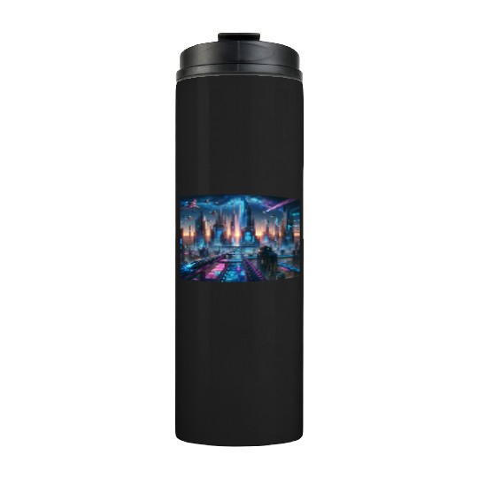 Future Metropolis Neon Cityscape at Night Thermal Tumblers