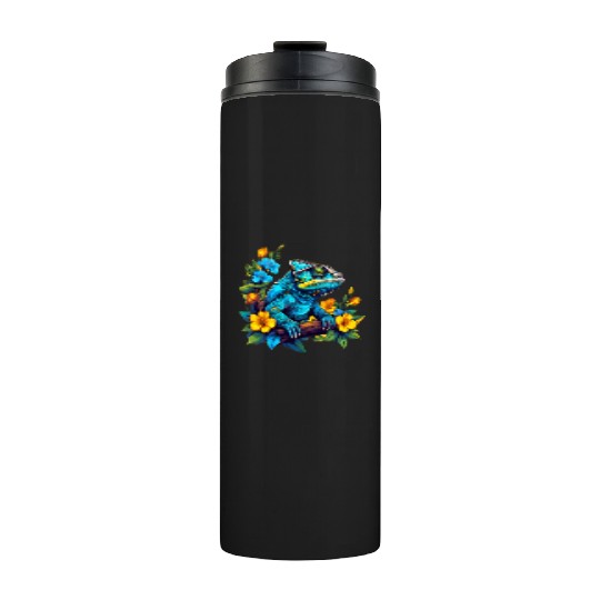 Chameleon Sitting on Branch Surrounded by Flowers Thermal Tumblers