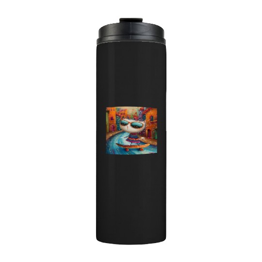 A Cat's Skateboarding Adventure through Naive Art Thermal Tumblers