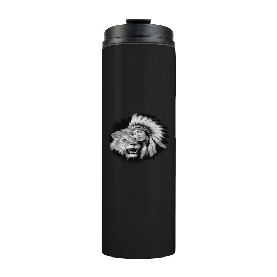 Native American woman and a majestic lion Thermal Tumblers