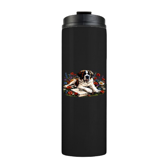 Wildflower St Bernard Reading Book Dog Puppy Lover Thermal Tumblers