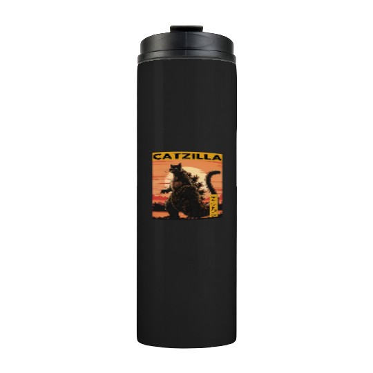 Catzilla Vintage Funny Cute Cat Art Japanese Sunse Thermal Tumblers