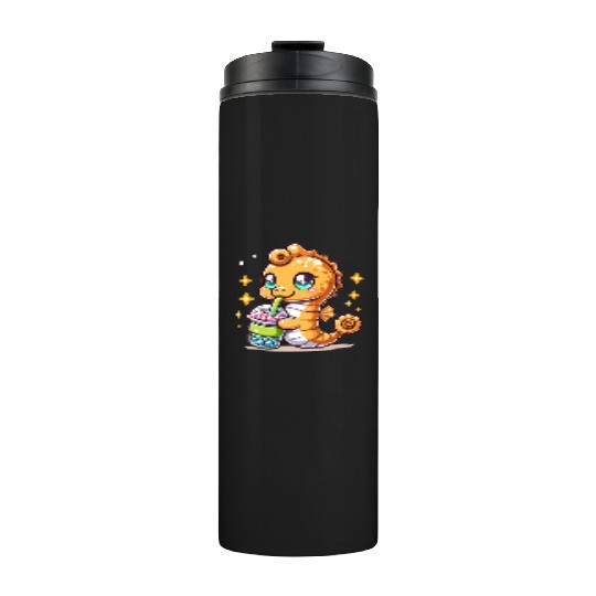 Kawaii Sea Horse Enjoys Bubble Tea Sea Animal Boba Thermal Tumblers