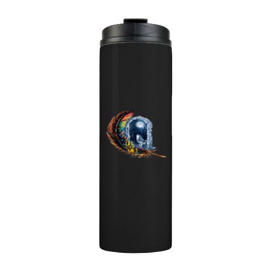 Glowing feather with wolf howling at the moon Thermal Tumblers