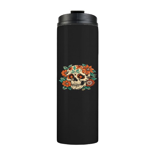 Vintage Retro Halloween Sugar Skull with floral Thermal Tumblers