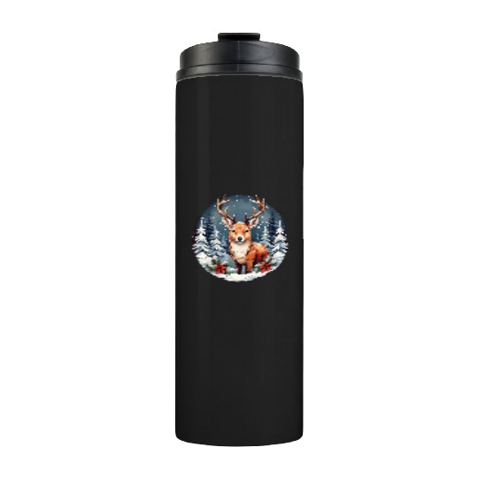 Christmas Deer with Poinsettia and Snow Thermal Tumblers